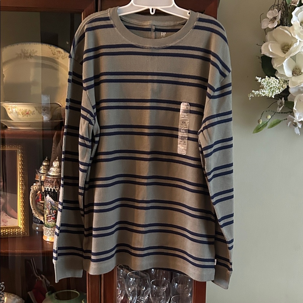 GAP Long-Sleeve Crewneck Shirt in Green with Navy Stripes